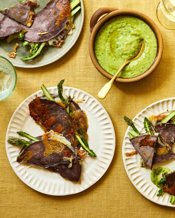 Asparagus quesadilla with jalapeño salsa