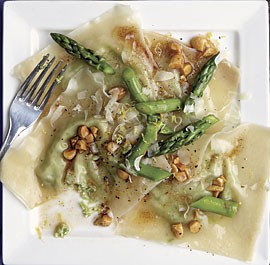 Asparagus ravioli with brown butter sauce