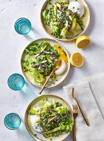 Asparagus salad with marinated peas and little gem lettuce