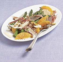 Asparagus salad with orange, prosciutto, and pistachios