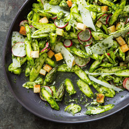 Asparagus salad with radishes, pecorino Romano, and croutons