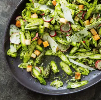 Asparagus salad with radishes, pecorino Romano, and croutons