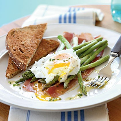 Asparagus salad with soft poached eggs, prosciutto and lemon-chive vinaigrette