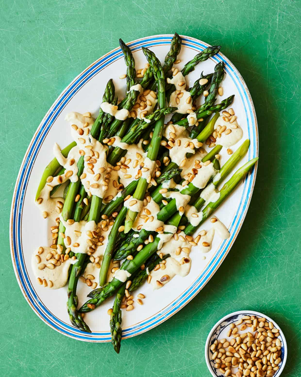 Asparagus salad with tofu and pine-nut dressing
