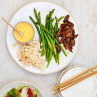 Asparagus, shiiitake mushrooms, crab and kimizu