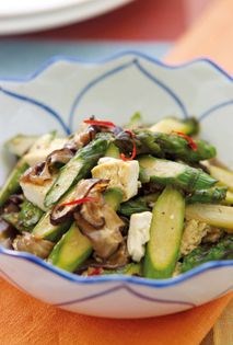 Asparagus, shiitake mushrooms, and tofu