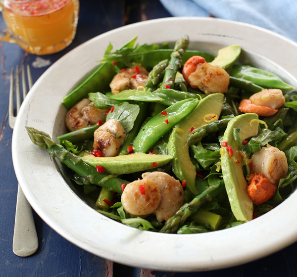 Asparagus, snow pea and scallop salad