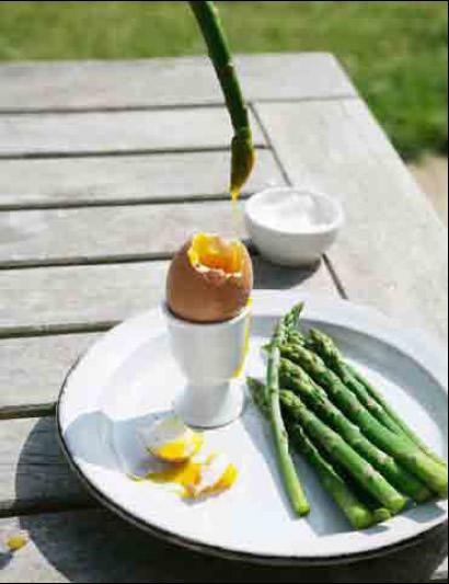 Asparagus soldiers with soft-boiled egg Hollandaise