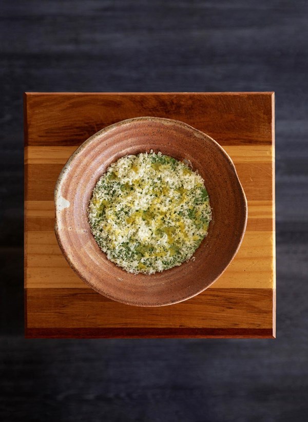 Asparagus soup topped with Curio Bay pecorino & olive oil