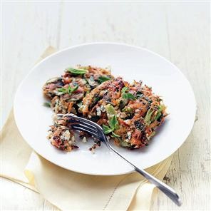 Asparagus, sweet potato, herb and feta fritters