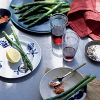 Asparagus with almond and red pepper dressing