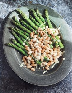 Asparagus with cannellini beans, creamy tarragon vinaigrette & pickled mustard seeds