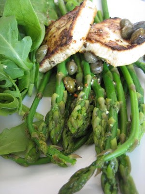 Asparagus with fried tofu and charred caper dressing