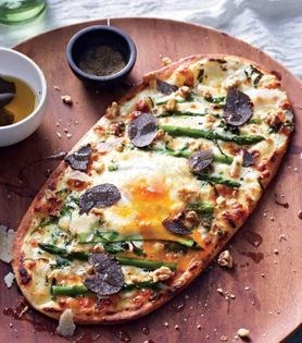 Asparagus with goat cheese, egg, and toasted walnuts