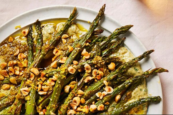 Asparagus with green harissa & tahini