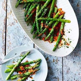 Asparagus with harissa butter and coriander gremolata