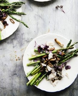 Asparagus with smoked whitefish, pea shoots, and mushrooms