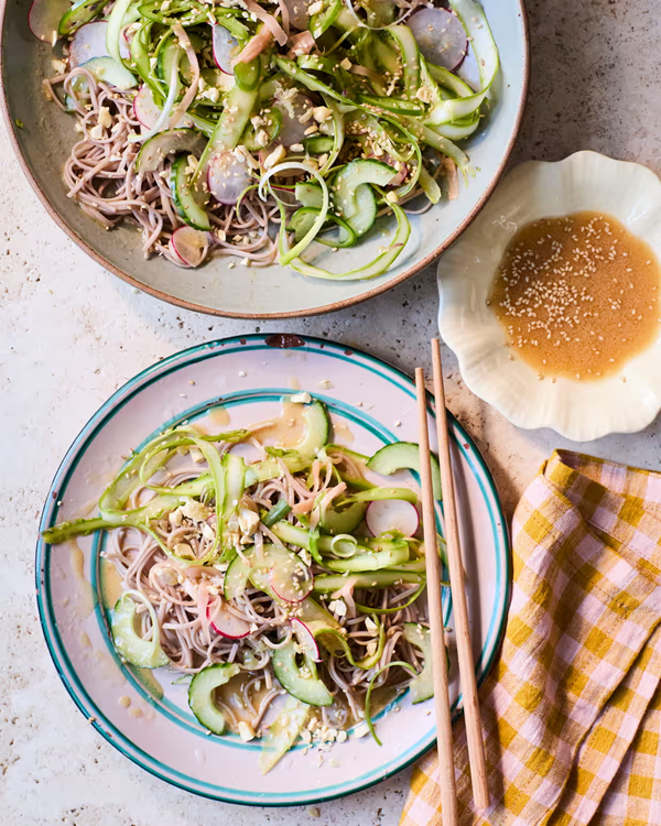 Asparagus with soba noodles and miso dressing