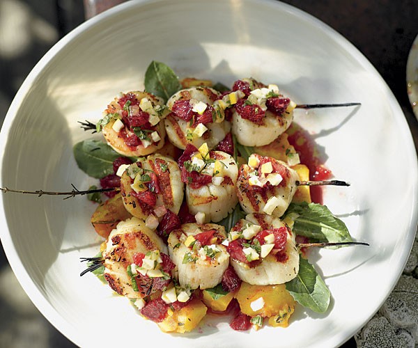 Atlantic sea scallops with saffron potatoes and blood orange-Meyer lemon salsa
