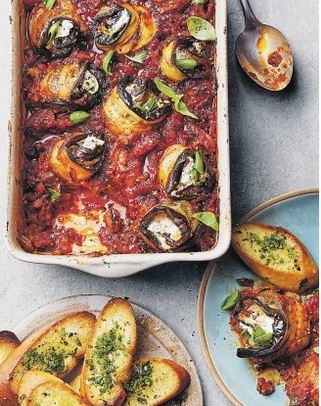 Aubergine & goat's cheese bake with garlic toasts