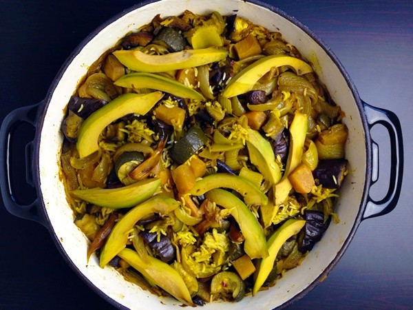 Aubergine and avocado oven-baked biryani
