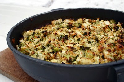 Aubergine and bean hot pot with a cheesy cauliflower and broccoli crust