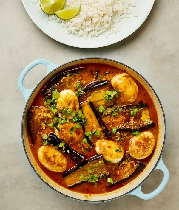Aubergine and egg curry with spring onion oil