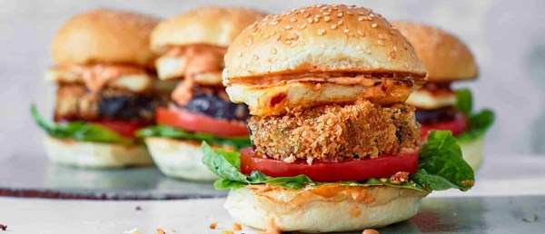 Aubergine and halloumi burgers