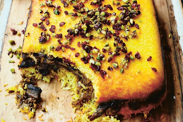 Aubergine and mushroom tacheen