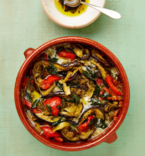 Aubergine and red pepper pahi with curry leaf oil