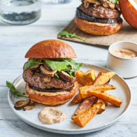 Aubergine and shiitake burger stacks