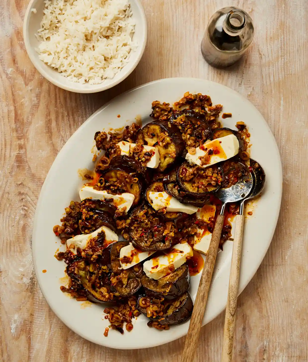 Aubergine and silken tofu with crispy chilli