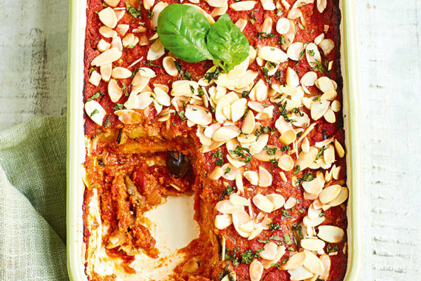 Aubergine and squash lasagne with almonds