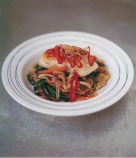 Aubergine, black bean, spinach and ginger rice noodles with roast cod and tomatoes