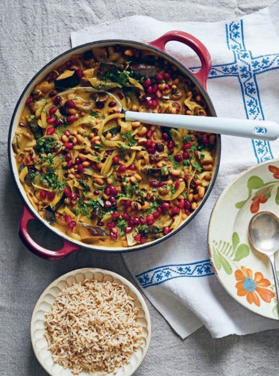 Aubergine, black-eyed bean, pomegranate & tahini stew