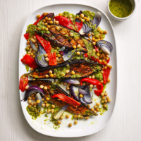 Aubergine, chickpea and red pepper traybake
