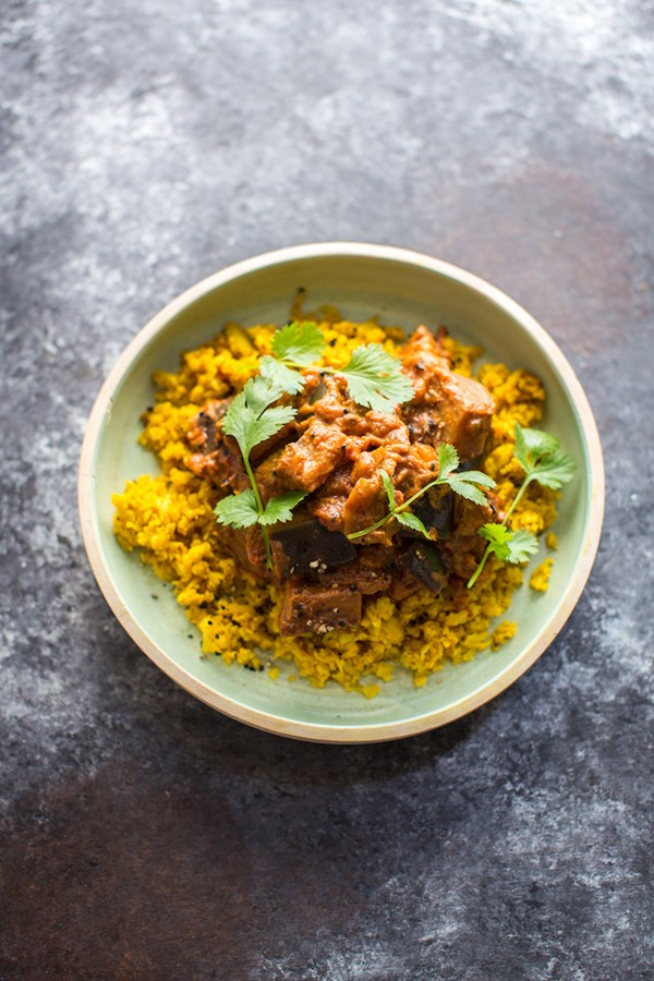 Aubergine curry with turmeric cauliflower rice