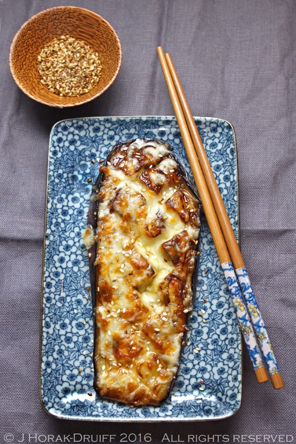 Aubergine dengaku with miso and mozzarella 