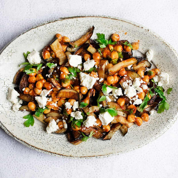 Aubergine, feta, chickpeas and rose harissa [salad]