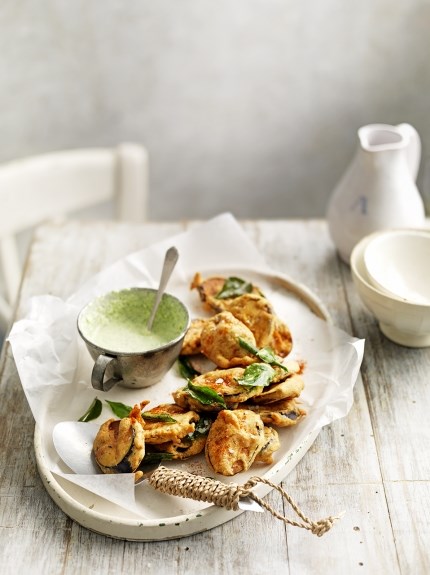 Aubergine fritters with coriander chutney