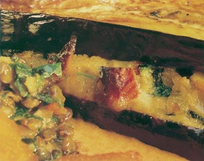 Aubergine gamelastra with a roasted pepper sauce, Puy lentils and polenta croutons