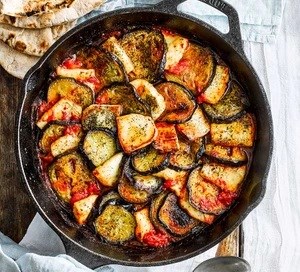 Aubergine, halloumi & harissa bake