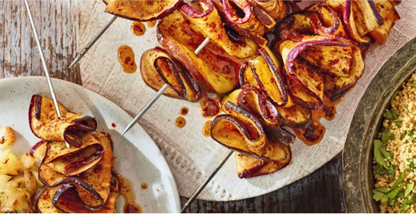 Aubergine kebabs with charred onion salsa