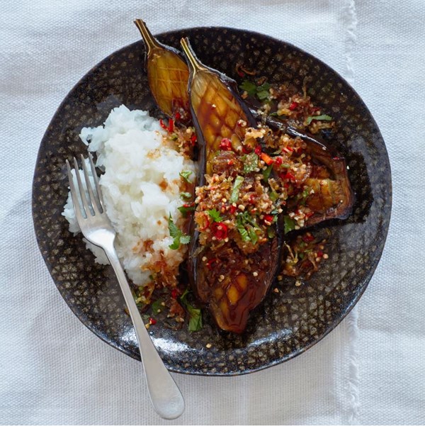Aubergine larb with sticky rice and a shallot and peanut salad