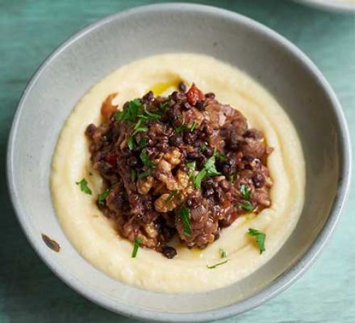 Aubergine, lentil & walnut ragu