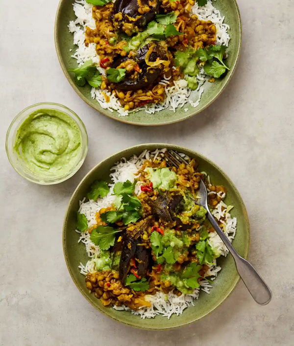 Aubergine mung bean curry with coriander cream