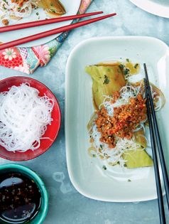 Aubergine, pork & rice noodle salad with a zingy soy, chilli & ginger dressing
