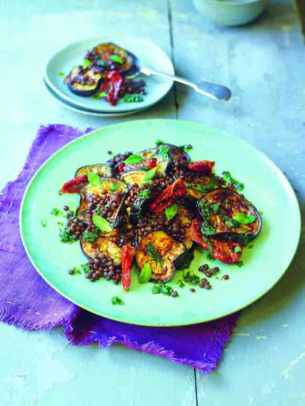 Aubergine, Puy lentils & sun-dried tomatoes with mint oil
