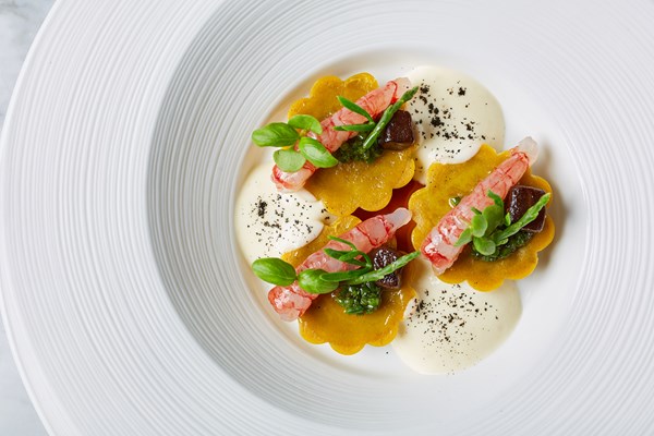 Aubergine ravioli with Sicilian red prawns and samphire