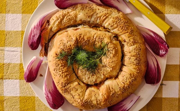 Aubergine, red pepper and artichoke filo pie